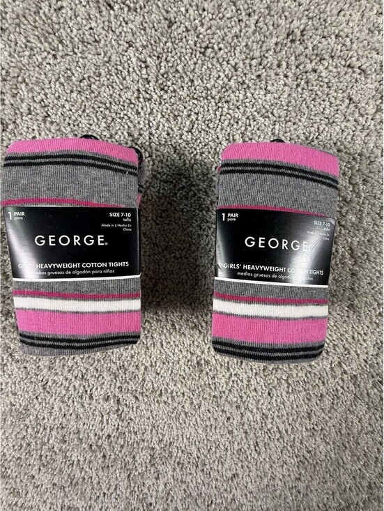 George Other - 2 Pairs George Pink Grey White Striped Heavyweight Tights Girl’s Size 7-10